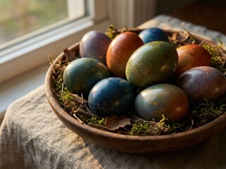 A warm, close-up shot of naturally dyed, earthy easter eggs displayed in a rustic wooden bowl filled with moss near a bright window.