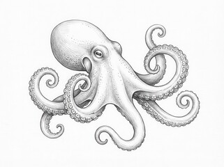 This striking monochrome pencil drawing features a detailed octopus floating with intricately curled tentacles, isolated elegantly on a clean white background.