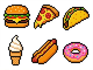 A colorful, playful collection of six popular fast food items, including a hamburger and pizza, illustrated in a retro 8-bit pixel art style and isolated on a clean white background.
