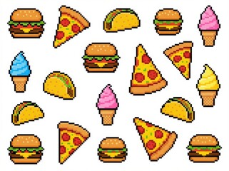 Bright and vibrant retro 8-bit pixel art pattern featuring scattered fast food items like burgers, pizza, tacos, and colorful ice cream cones on a white background.