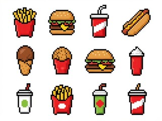 A vibrant collection of classic fast food icons, including burgers and fries, is digitally displayed using a nostalgic 8-bit pixel art style, isolated on a clean white background.