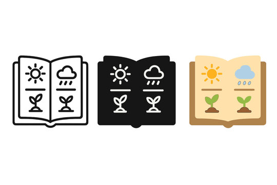 Weather and Growth Almanac. Open almanac displaying coded weather patterns and plant growth predictions, first in line style with