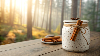 Speckled ceramic jar in warm tranquility
