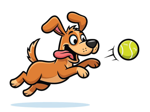 Playful Cartoon Dog Leaping for a Tennis Ball - Vector Illustration of Fetch