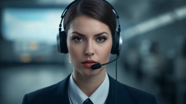 Adjusting headset, agent aligning boom mic in office, responding to cue, wearing dark suit and tie
