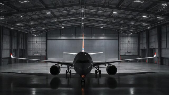 Shifting hangar lighting revealing twin-engine jet at hangar, nose landing gear light appearing