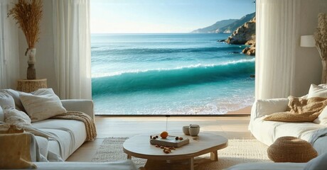 Obraz premium Bright living room overlooks ocean waves. Neutral tones, cozy textures, natural light create serene space. Minimalist decor enhances coastal view.