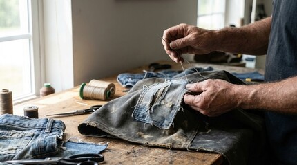 Hombre Cosiendo a Mano Ropa Vaquera Vieja o Estropeada para Repararla y Reciclarla en un Taller Casero. Concepto de Reparaci&oacute;n, Sostenibilidad y Econom&iacute;a Circular.