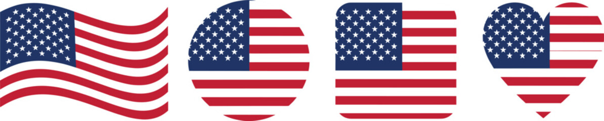 Obraz premium Collection of patriotic American flag icons in various shapes including waving banner, circle, rounded square, and heart, ideal for national celebrations and graphic elements.
