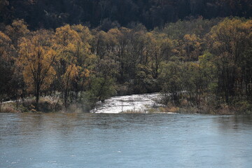 眩しく輝く水面と黄葉が完熟の色合いを見せる当別川のほとり