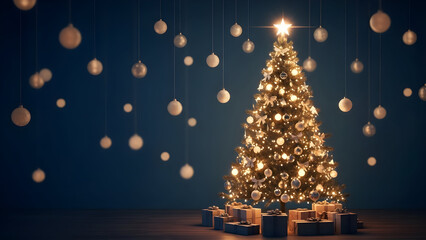 Festive christmas tree illuminated with warm lights and surrounded by floating ornaments