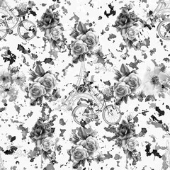 Rose pattern with bicycle and Eiffel Tower BLACK AND WHITE