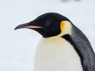 Naklejka premium A sharp, detailed wildlife close-up captures the magnificent emperor penguin standing in profile, showcasing its striking black and yellow coloration against a bright, isolated snowy background.