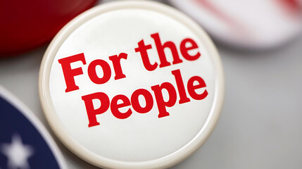 A close-up shows a campaign button with the words 'For the People' printed in red. The button conveys a message of unity and service to others. Perfect for political and civic discussions.