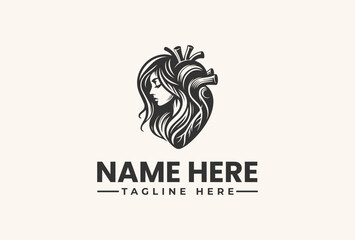 Fototapeta premium A black and white vector illustration of a woman's head with flowing hair and a crown, set against a plain background with space for a logo and tagline.