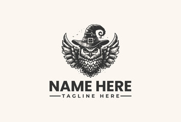 Black and white illustration of a stylized eagle wearing a witch hat on a beige background with a logo and tagline text, vector design element.