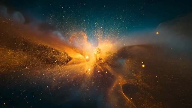Intensifying golden nebula core pushing filaments outward in space, revealing finer dust detail