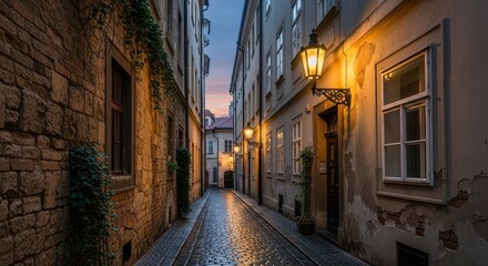 Illuminated alleyway, old buildings with stone walls and vintage street lights, during sunset