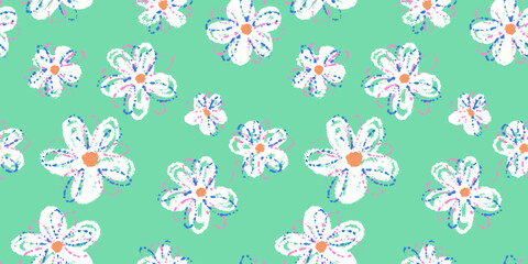 Seamless vector floral pattern with playful hand drawn white daisies on a teal, turquoise background. Vibrant paint splashes add a fun, childlike, and artistic touch. Ideal for kids designs