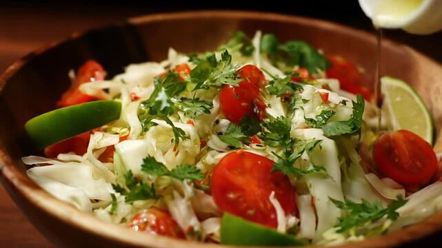 Freshly prepared salad featuring vibrant tomatoes, crisp cabbage, and zesty lime, garnished with cilantro, set against a rustic wooden background, perfect for healthy meal inspiration