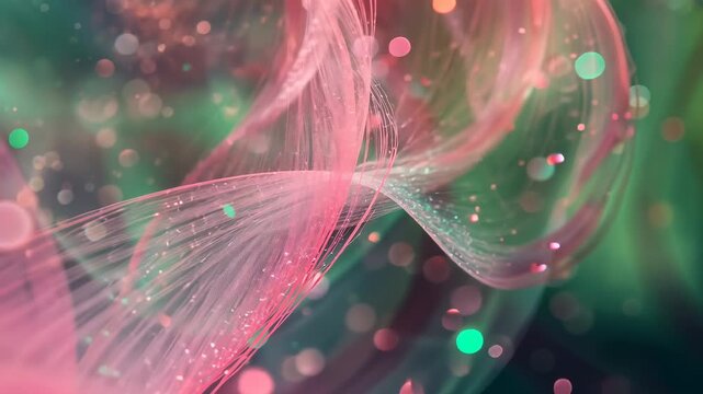 Entering from left, pink filament undulating, sweeping upward in studio for shimmer with bokeh dots