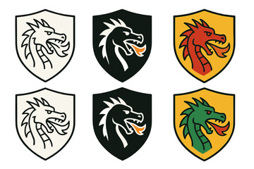Obraz premium Dragon Shield Designs. Medieval shield featuring dragon head motif breathing protective flame, strong contrast, first in line