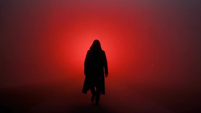 Starting distant, hooded coat silhouette walking toward camera on foggy set, pausing under red halo