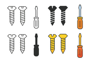 Stylized Screw Layout. Set of two screws, one Phillips and one slot, with screwdriver lying parallel, precise minimal layout,