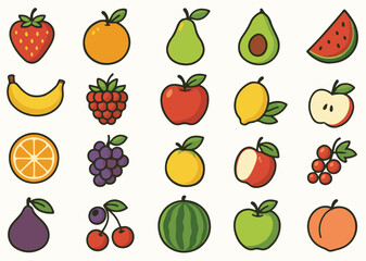 Hand Drawn Colorful Fruit Icon Set: Healthy Food and Organic Produce Collection