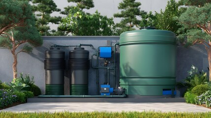 Obraz premium Sustainable rainwater harvesting system showcasing modern eco technology outdoors