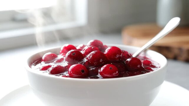Close up of a steaming bowl of cranberry sauce, a sweet and tart holiday condiment perfect for any festive meal