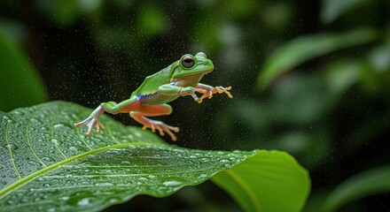 Fototapeta premium Green tree frog leaping from a wet leaf in tropical rainforest. Water droplets visible on foliage. Perfect for nature themes, wildlife projects, and environmental campaigns.