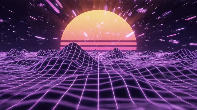 Retro Synthwave Landscape with Grid and Sun in the Style of the 80s.