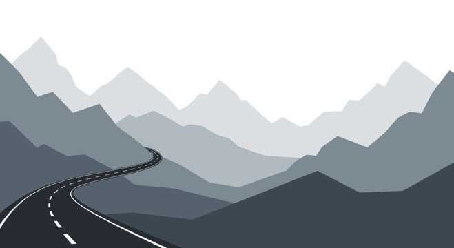 Winding road traversing through a serene and layered mountain landscape.