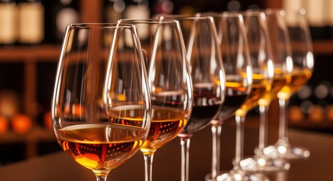 Row of wine glasses filled with amber liquid arranged in a line. Perfect for wine tasting events, vineyard tours, or beverage industry promotions. Warm lighting creates elegant atmosphere.