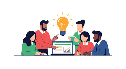 Diverse Business Team Collaborating on New Idea with Laptop and Lightbulb.