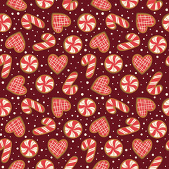 Peppermint Candy Gingerbread Cookies on Maroon Vector Seamless Pattern Design