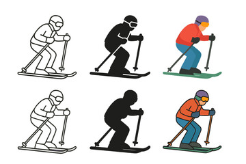 Fototapeta premium Stylized Skier Variations. Skier gliding downhill holding ski poles firmly first in line style with thin outline, second in solid