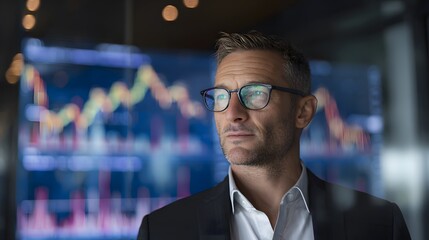 Focused businessman analyzes stock charts in a modern office setting conveying financial insight