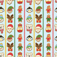 Christmas Character Gingerbread Cookie Stripes on Pastel Blue Vector Seamless Pattern Design