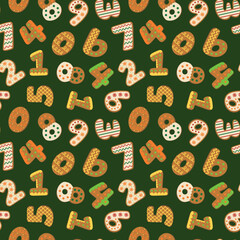 Gingerbread Cookie Numbers on Green Vector Seamless Pattern Design