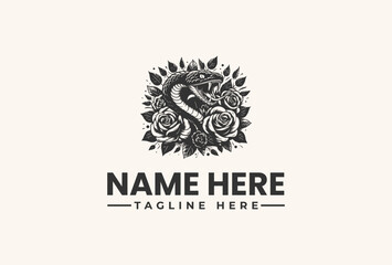 A black and white illustration of a snake surrounded by roses and leaves, forming a circular logo with a placeholder name and tagline on a beige background.