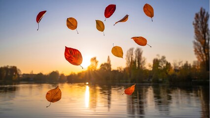 Autumn leaves falling over calm lake at sunset with golden light leaf