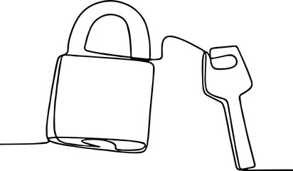 Continuous one-line drawing of a classic padlock standing upright next to its key. © Rizky