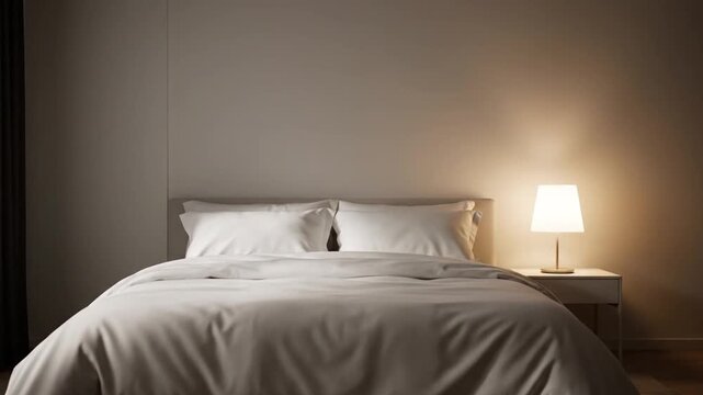 Cozy and inviting bedroom with clean white bedding illuminated by a soft bedside lamp, creating a serene and relaxing atmosphere