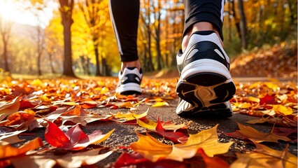 Person running on path covered with colorful autumn leaves in sunlight fall