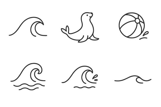 Ocean Themed Vector Icons. Line vector icons of Ocean Crest Seal: sea crest arc, playful seal form, round buoyant ball, thin