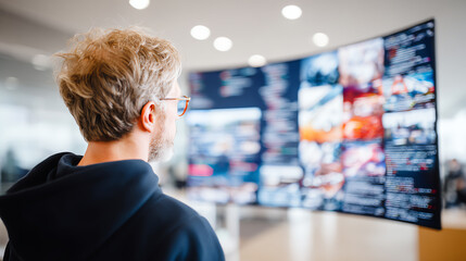 A man gazes at an innovative digital screen displaying various media, showcasing the future of technology and interaction.