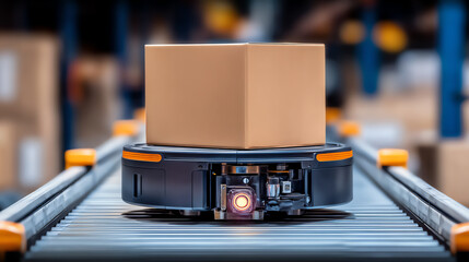 A modern automated warehouse system featuring a robotic conveyor transporting a cardboard box for efficient logistics.