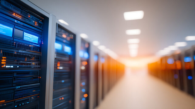 A modern data center corridor filled with powerful servers and advanced technology, showcasing the future of digital infrastructure. - Powered by Adobe